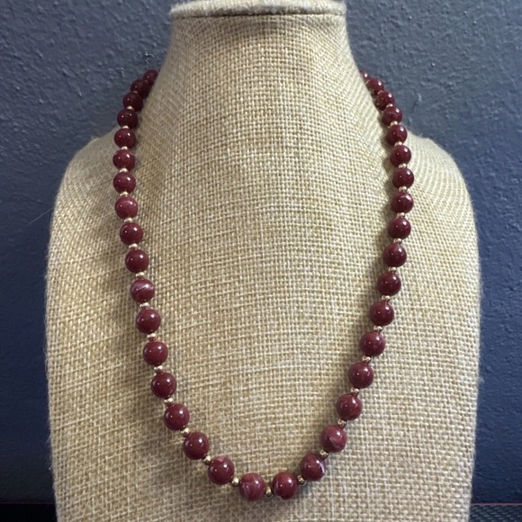 Monet Jewelry - Vintage MONET Deep Red Beaded Necklace Strand Gold Tone Signed Stamped